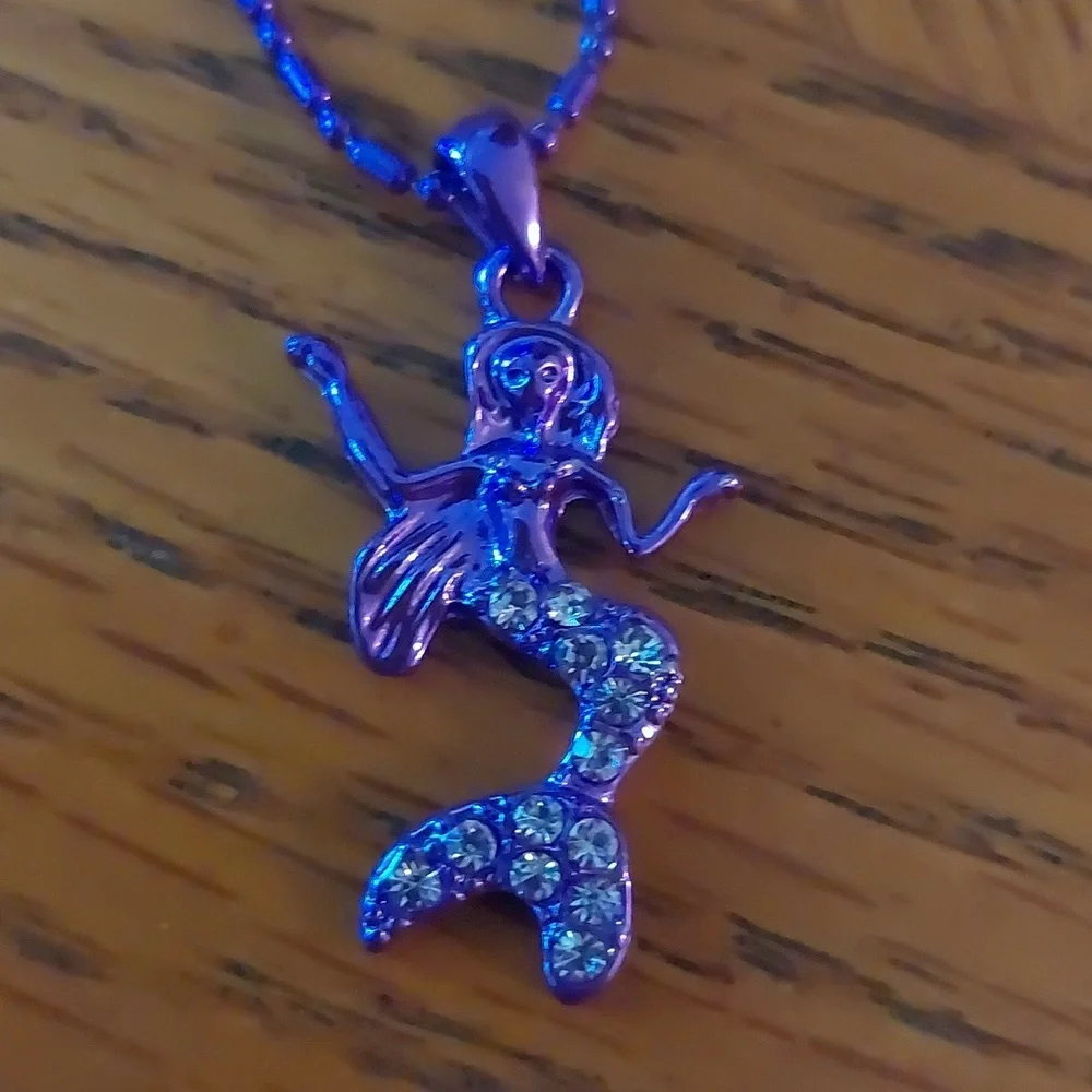 Purple Mermaid Rhinestone Pendant Kids Necklace